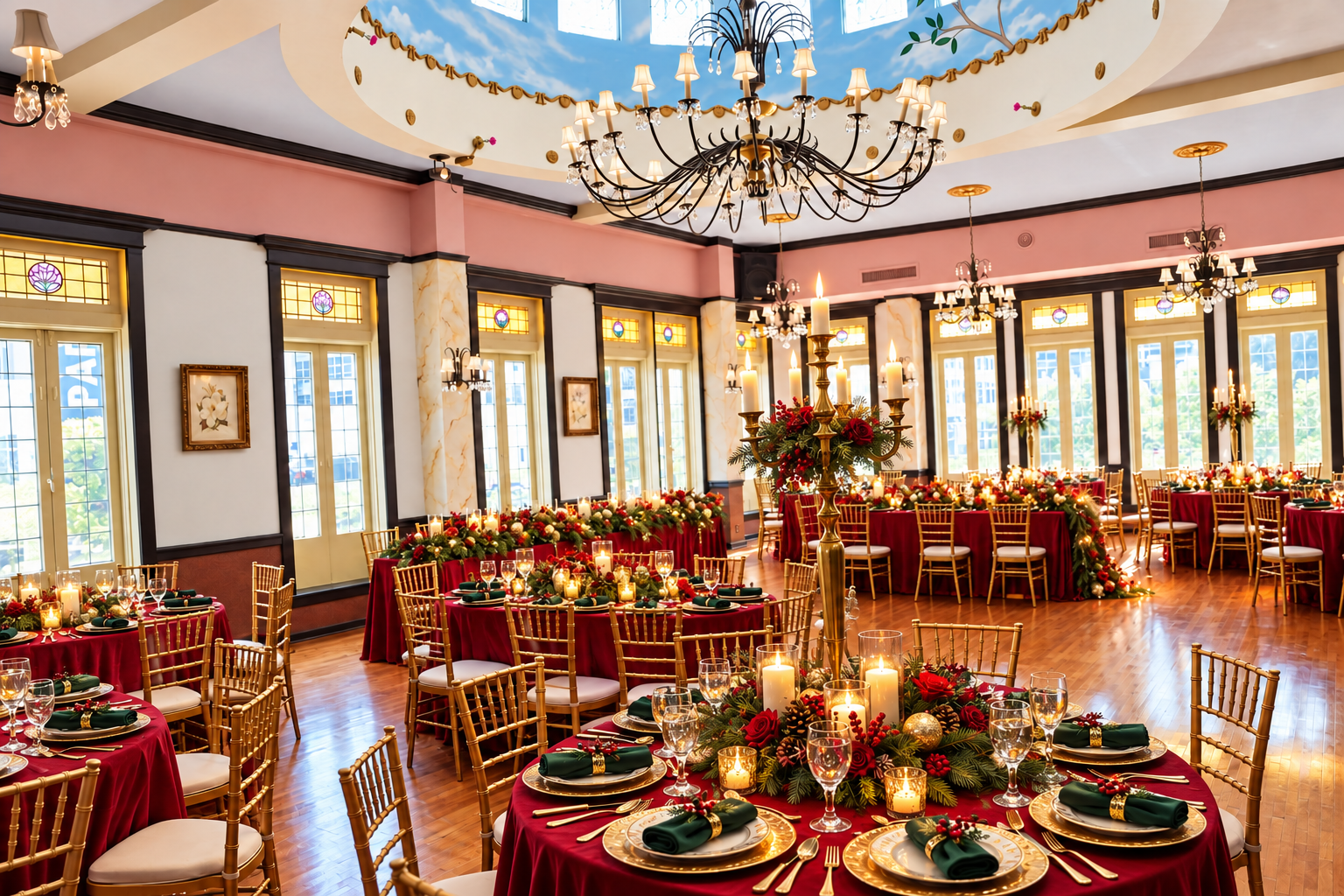 Christmas party tables decorated in red and green at Magnolia Ballroom