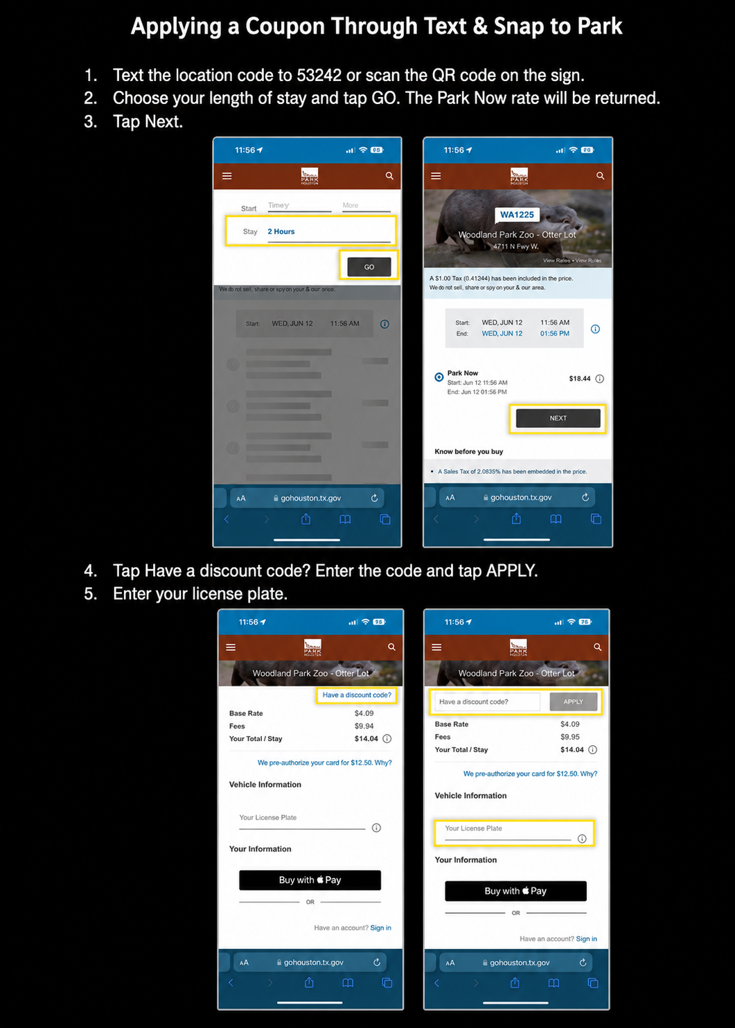 Screenshots showing how to start a parking session and apply a coupon code